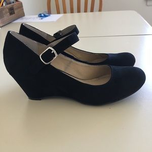Black suede ankle strap wedge